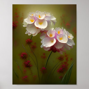 Póster Lirios blancos y flores silvestres rojas