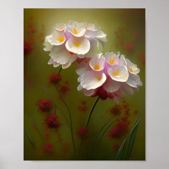Póster Lirios blancos y flores silvestres rojas (Frente)