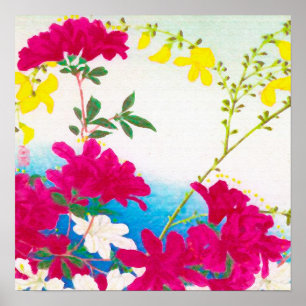 Póster Lirios de día japoneses - magenta, azul amarillo
