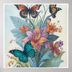 Póster Lirios y mariposas coloridos
