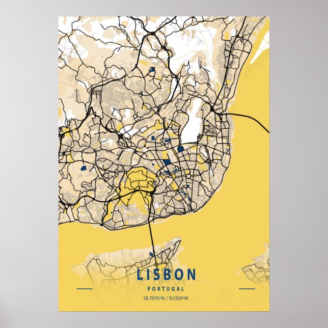 Póster Lisboa - Portugal Mapa de la ciudad amarilla (Frente)