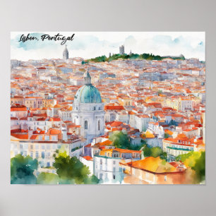 Póster Lisboa Portugal Vista panorámica acuarela Ciudad