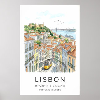 Póster Lisbon City Art Print Yellow Tram, Tiled Streets