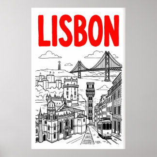 Póster Lisbon Cityscape Art Print - Minimalist Black and