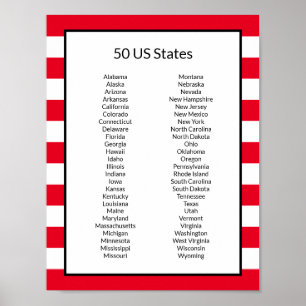 Póster Lista alfabética de 50 Estados Unidos
