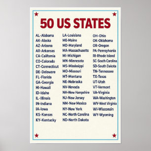 Póster Lista alfabética de abreviaturas de 50 estados de