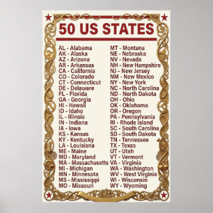 Póster Lista alfabética de EE. UU. 50 abreviaturas de est
