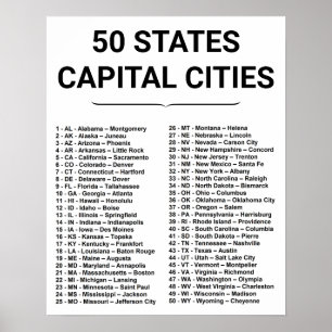 Póster Lista de 50 estados y ciudades capitales - Simple 