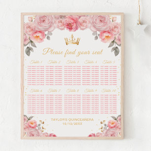 Póster Lista de asientos de la Princesa Rosa Quinceañera 