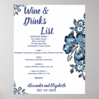 Póster Lista de Bebidas Flor Azul Bodas de Novia