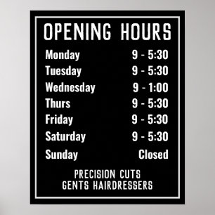 Póster Lista de precios de horarios de apertura