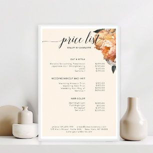 Póster Lista de precios de peonía floral elegante y moder