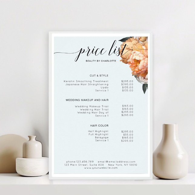 Póster Lista de precios de peonía floral elegante y moder (Elegant, Modern, Floral Peony Price List )