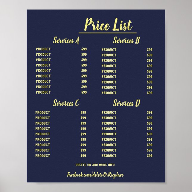 Póster Lista de precios de personalizable universal. (Frente)