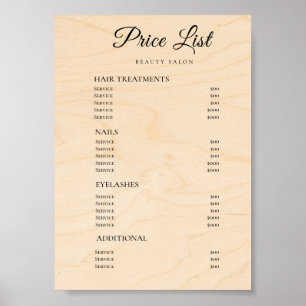 Póster Lista de precios de salón de belleza elegante mode