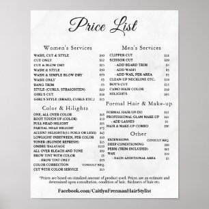 Póster Lista de precios de salón de belleza elegante mode