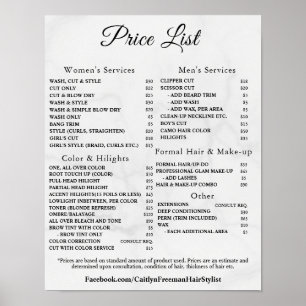 Póster Lista de precios de salón de belleza elegante mode