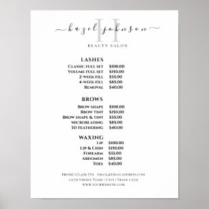 Póster Lista de precios de salón de belleza elegante mode