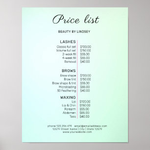 Póster Lista de precios de salón de belleza elegante mode