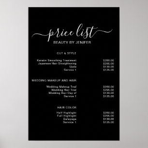 Póster lista de precios de salón de belleza negro elegant