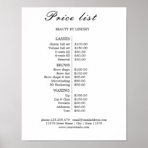 Póster Lista de precios de salón de belleza vintage