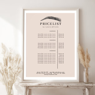 Póster Lista de precios de salón de cejas minimalista ele