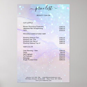 Póster Lista de precios de salón de glitter de mármol azu