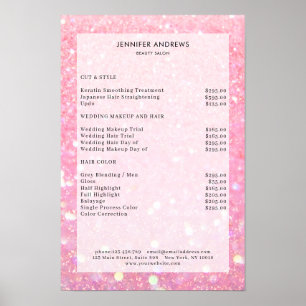 Póster Lista de precios de salón de glitter rosa moderno 