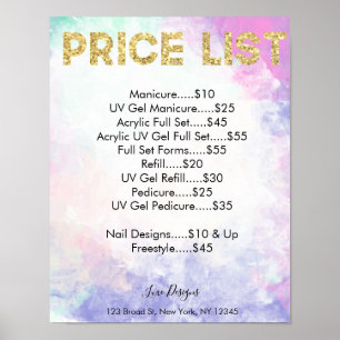 Póster Lista de precios de salón de uñas acuarela, Pos gl