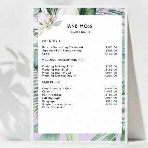 Póster Lista de precios de salón tropical de acuarela mod
