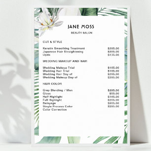 Póster Lista de precios de salón tropical de acuarela mod