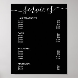 Póster Lista de precios de servicios de salón negro elega