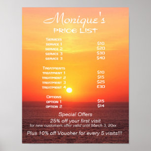 Póster lista de precios de servicios de spa y salón Sunri