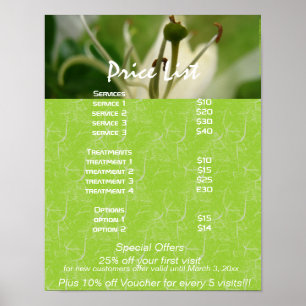 Póster lista de precios de servicios zen de Lirio Blanco