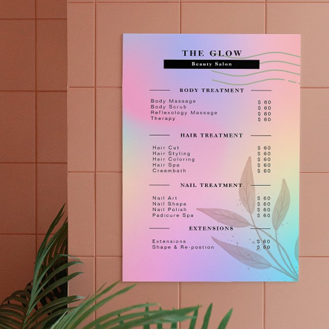 Póster Lista de precios esteticistas Holográfica Rosa Irl (Esthetician Price List Pink Holographic Iridescent Poster)