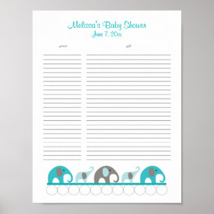 Póster Lista de regalos de Baby Shower de Elefantes Turqu