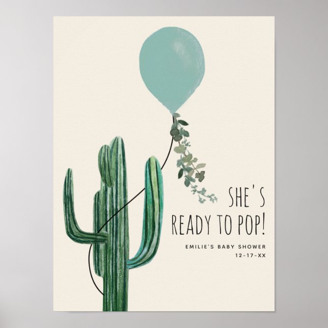 Póster Listo Para Pop Blue Balloon Cactus Boy Baby Shower (Frente)