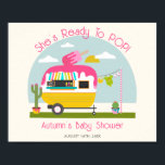 Póster Listo Para Pop Ice Chica Baby Shower<br><div class="desc">Chica con temática de hielo,  ducha de bebé con ilustracion de camper con helado rosa encima,  cactus al lado de camper y ropa de bebé colgando de la línea de ropa.</div>