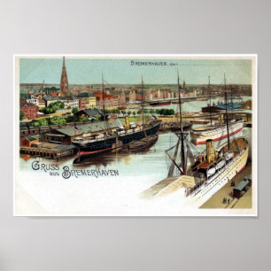 Póster Litho de Bremerhaven del aus de Gruss del vintage