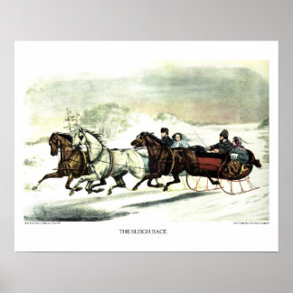 Póster Litografía de Currier & Ives: La carrera de Sleigh