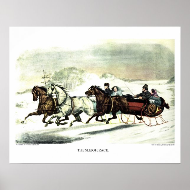 Póster Litografía de Currier & Ives: La carrera de Sleigh (Frente)