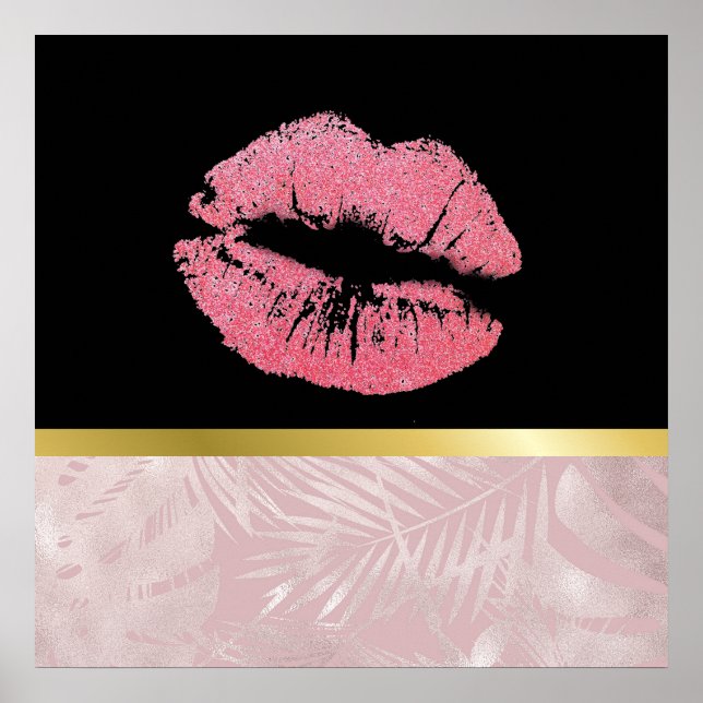 Póster Litros Purpurinas rosados y hojas tropicales de or (Frente)