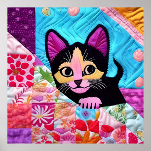 Póster Little Black And White Kitten Quilt Like Design