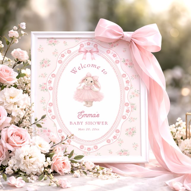 Póster Little Bunny Floral Pink Bow Baby Shower Welcome (Subido por el creador)