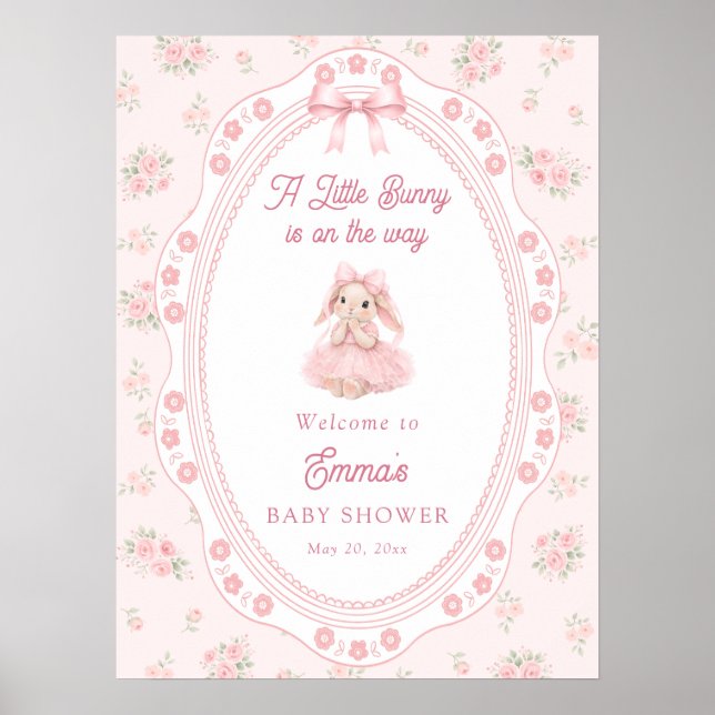 Póster Little Bunny On The Way Girl Baby Shower Welcome (Frente)