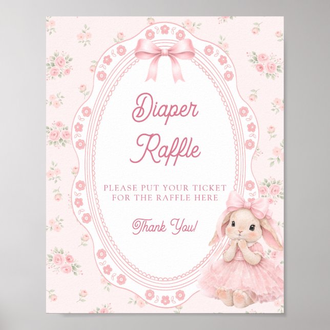 Póster Little Bunny Pink Bow Baby Shower Diaper Raffle (Frente)