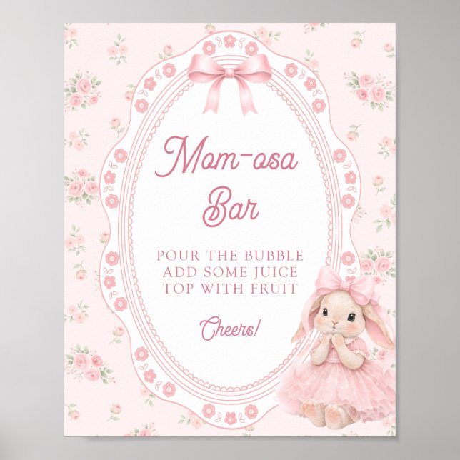 Póster Little Bunny Pink Bow Baby Shower Mom-osa Bar (Frente)