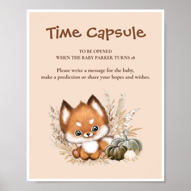 Póster Little Cub Fox Cae Baby Shower Time Capsul Rótulo (Frente)