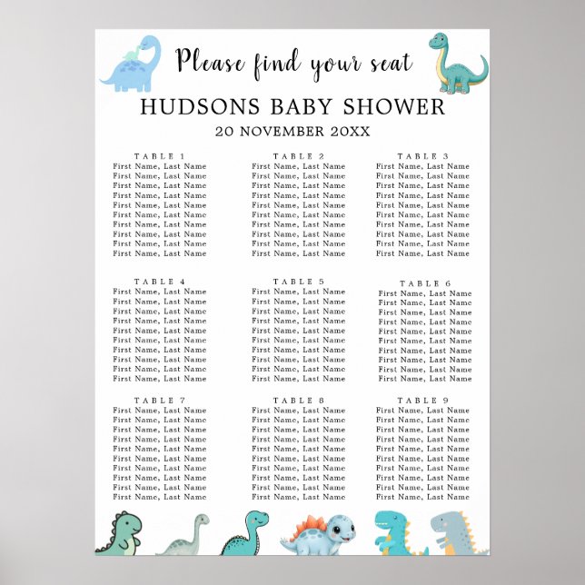 Póster Little Dinosaur Cute Baby Shower Seating Charts (Frente)