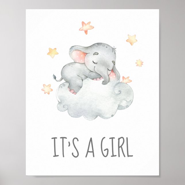 Póster Little Elephant Baby Shower It's a Girl Sign (Frente)